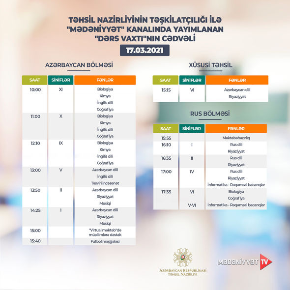 “Dərs vaxtı”nın bu günə olan cədvəli