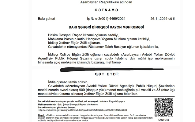 AAYDA məhkəməni UDUZDU: Qəzalı yola görə cərimə ödəyəcək - FOTO