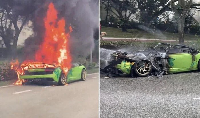 Milyonluq Lamborgini yolda yanıb kül oldu – Foto